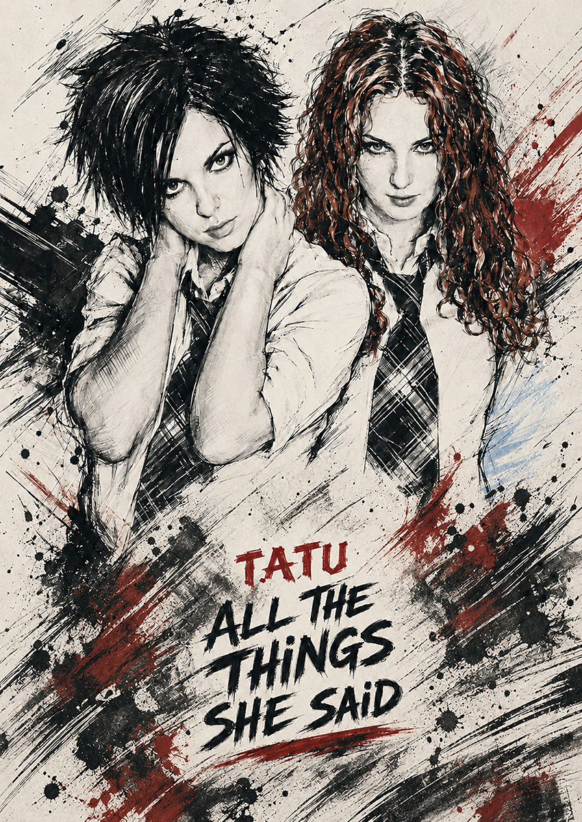 A stylized ink illustration of the pop duo t.A.T.u. with their song title All The Things She Said against a splattered backdrop